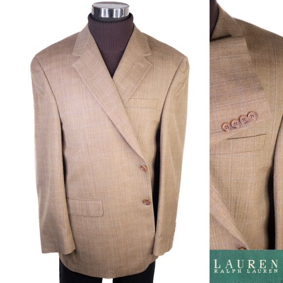 Ralph Lauren Mens Beige Herringbone 2 Button Sport Coat Blazer Jacket Sz 48R EUC - Picture 1 of 13